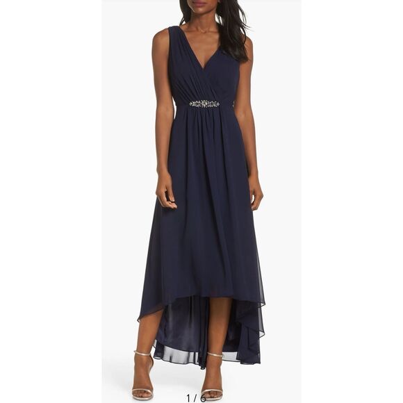 Eliza J Embellished High/Low Chiffon Dress in Navy at Nordstrom, Size 12. NWT. D - Picture 1 of 14